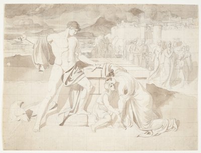Andromache en zoon Astyanax samen met Pyrrhus bij het graf van Hector door J.L. Lund