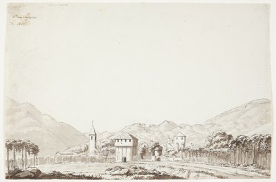Landschap van Domodossola in Zwitserland met kerk en wachttoren door J.L. Lund