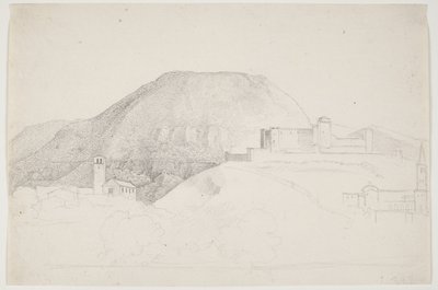 Landschapsstudie met Berg en Gebouwen. Spoleto, Italië door J.L. Lund