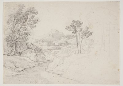 Landschapsstudie met gebouwen bij waterloop. Italië door J.L. Lund