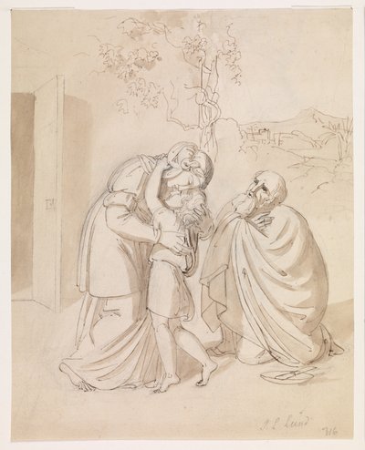 Sarah neemt afscheid van Isaak, Abraham knielend door J.L. Lund