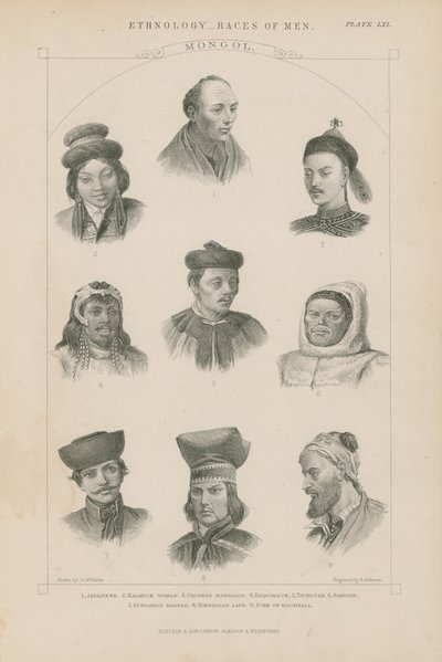 Negen gezichten van verschillende Mongoolse rassen door J.L. Williams