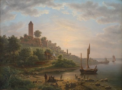 De kust bij Vordingborg met de Gåsetårnet op een vroege ochtend door J.P. Møller