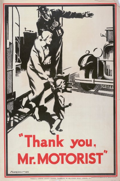 Dank u, meneer automobilist, London County Council LCC Tramways poster, 1932 door JS Anderson