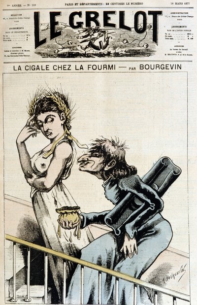 De cicade bij de mier - Antiklerikale karikatuur van een jezuïet met een open beurs die hij aanbiedt aan een immorele vrouw, gekroond met tarwearen, die een grimas van minachting maakt - Illustratie door A. Bourgevin (of J. Blasset of Albert Douat) door J.  Blass