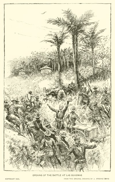 Begin van de Slag bij Las Guasimas (litho) door J. (after) Steeple Davis