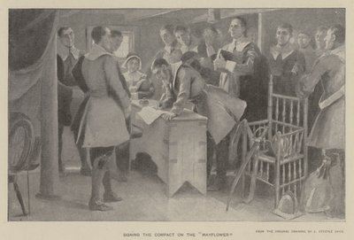 Ondertekening van het verdrag op de "Mayflower" (litho) door J. (after) Steeple Davis