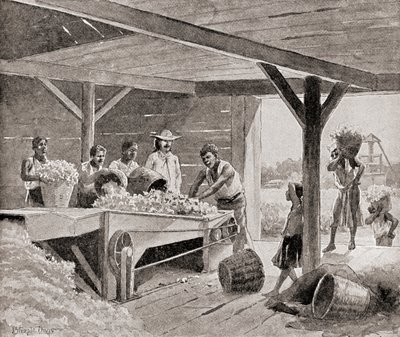 Slaven werken met een 19e-eeuwse katoenontkorrelmachine op een plantage in een zuidelijke staat van de Verenigde Staten van Amerika, uit 