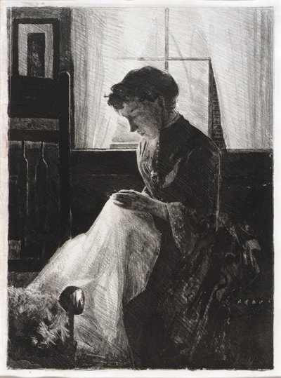 Profielportret van een naaiende vrouw door J. Alden Weir
