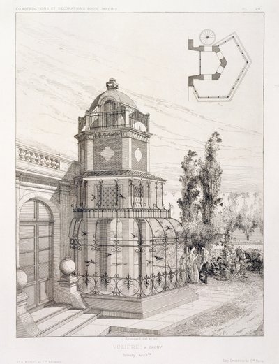 Volière voor zangvogels, uit een volume met ontwerpen door verschillende architecten, uitgegeven door Morel & Cie, Parijs, ca. 1880 door J. Boussard