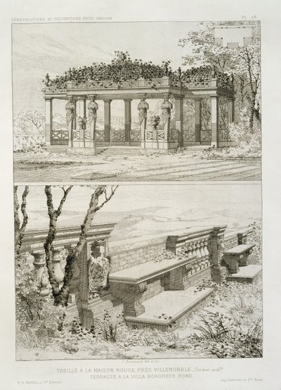 Pergola van La Maison Rouge bij Villemomble, ontworpen door Cordier, en terras van de Villa Borghese, Rome, ca. 1880 door J. Boussard