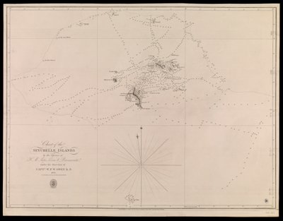 Kaart van de Seychellen door de officieren van H.M. schepen Leven en Barracouta onder leiding van Kapitein W.F.W. Owen R.N. 1825 door J. & C. Walker