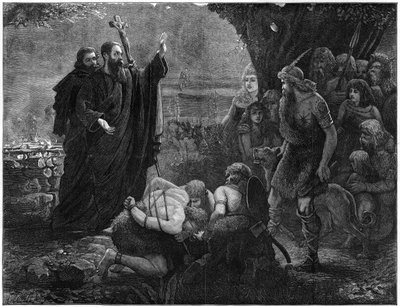 Christelijke missionarissen onderbreken een mensenoffer, 1878 door J. Christie