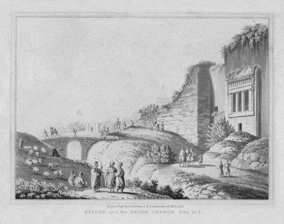 Brug over de beek Cedron. Johannes, 18.1, 1830 door J. Clarke
