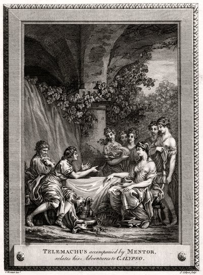 Telemachus vergezeld door Mentor, vertelt zijn avonturen aan Calypso, 1774 door J. Collyer