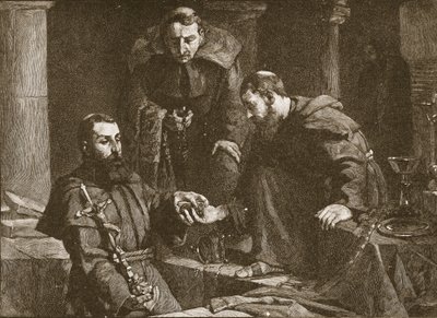 Schuilen van schatten bij de onderdrukking van een klooster, illustratie uit The Church of England: A History for the People door H.D.M. Spence-Jones, pub. c.1910 litho sepia foto door J. Cooke