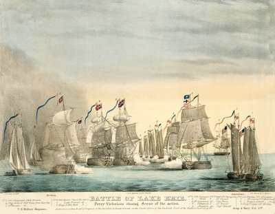 Slag bij Lake Erie. Perry Victorious slotfase van de Actie uit Army and Navy Magazine, uitgegeven 1840 door J. Evans