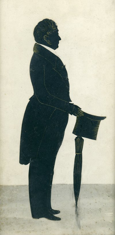 Silhouet van een man met hoge hoed, rokjas en paraplu door J. Gapp