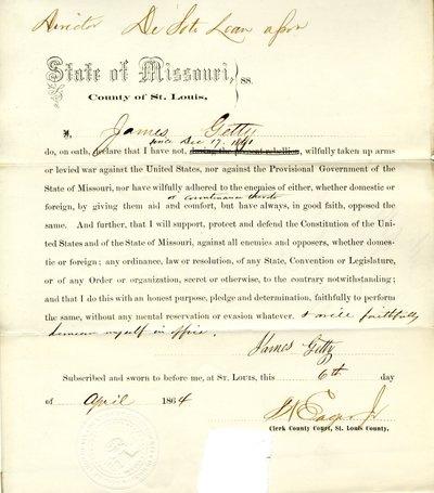 Loyaliteitseed van James Getty uit Missouri, County of St. Louis door J. Getty
