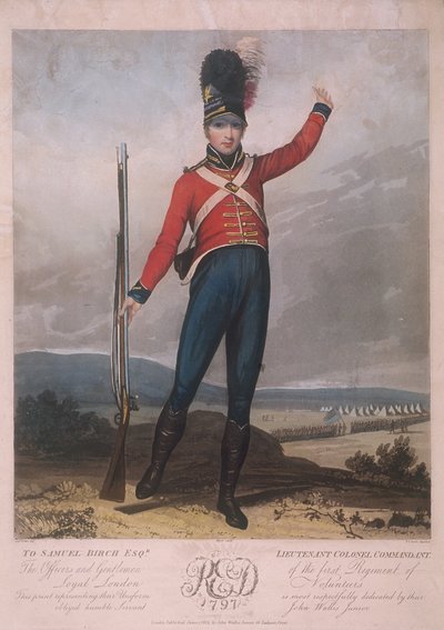 Militaire figuur in het uniform van het eerste regiment van Loyal London Volunteers, 1797 door J Green
