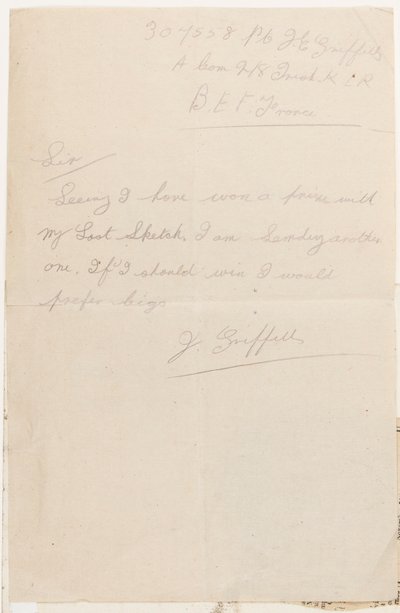 Brief aan de wedstrijdredacteur van de Liverpool Weekly Courier, 1917 door J. Griffiths