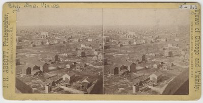Stereograaf van het uitzicht naar het noordnoordwesten vanaf de Water Tower na de Chicago-brand van 1871, 1871 door J. H. Abbott
