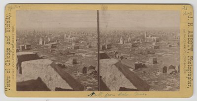 Stereograaf van het uitzicht noordwest vanaf de Water Tower na de brand van Chicago in 1871 door J. H. Abbott