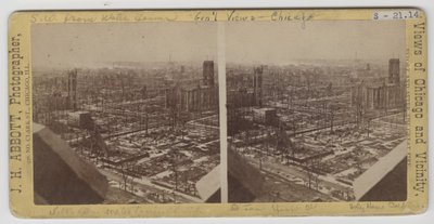 Stereograaf van het uitzicht zuidwest vanaf de Water Tower na de brand van Chicago in 1871 door J. H. Abbott