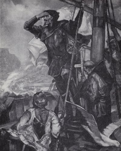 Portugese ontdekkingsreiziger Vasco da Gama ziet de Kaap de Goede Hoop tijdens zijn reis naar India door J. H. Amschewitz