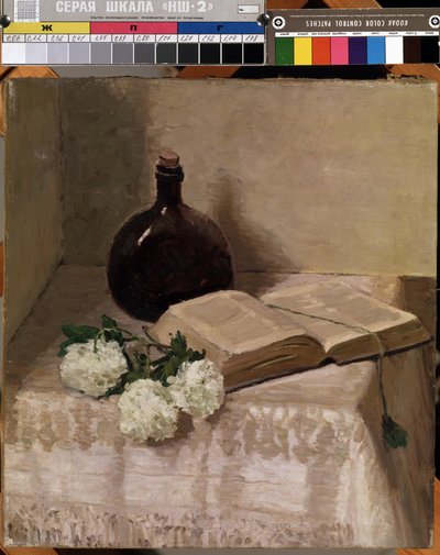 "Stilleven met fles, open boek en witte bloemen". Schilderij van Johannes Hansch (1875-1946) Dim. 45 x 41,5 cm Museum voor Schone Kunsten van Mikalojus Konstantinas Ciurlionis, Kaunas, Litouwen door J. Hansch