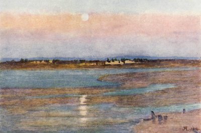 Maanopkomst bij zonsondergang, vanaf La Croix Blanche, Mont St Michel door J. Hardwicke Lewis