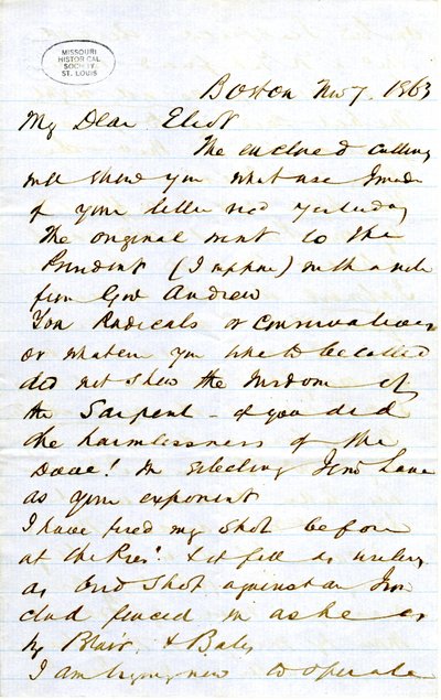 Brief ondertekend door J.M.F. [J.M. Forbes], Boston, aan Eliot [William G. Eliot], 7 november 1863 door J. M. Forbes