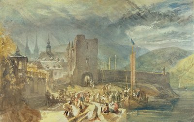 Een uitzicht op Boppard, met figuren aan de rivier door J. M. W. and Wyatt James Turner