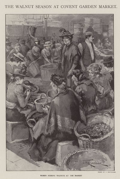 Het walnotenseizoen op Covent Garden Market, Londen (litho) door J. Macfarlane