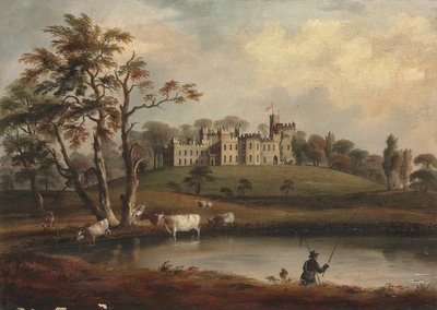 Een uitzicht op Hornby Castle, Yorkshire, met een visser en vee aan de oevers van de rivier Wenning door J. Miller