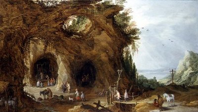 Pelgrims bij een Heiligdom in een Bergachtig Landschap door J. and Momper J. de Brueghel