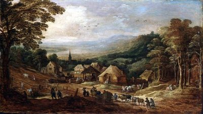 Herfstlandschap met boeren door J. and Momper J. de Brueghel