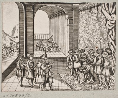 Illustratie van Adam Olearius, “Persianischer Rosenthal von einem Sinnreichen Poeten Schich Saadi”, Schleswig 1660 door J. Muller