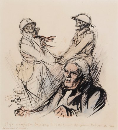 Lloyd George speelt nog steeds les lieus et les souvenirs serieux van WOI in 1922, 1922 (pen, penseel, inkt & wc op papier) door J. Ochs