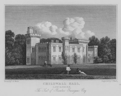 Childwall Hall, Lancashire, Het Huis van Bamber Gascoyne, Esquire (gravure) door John Preston Neale