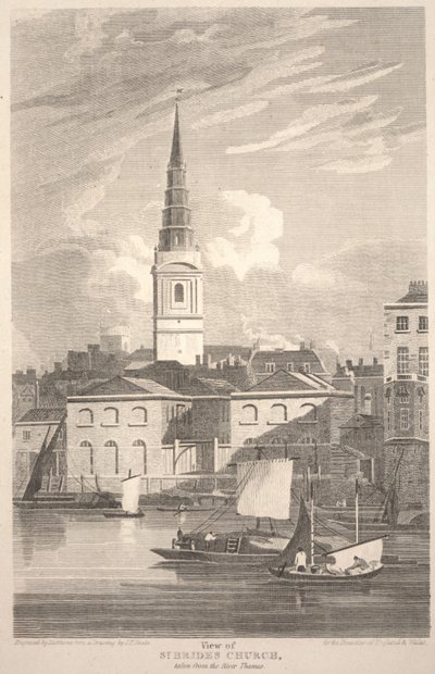 Uitzicht op de St. Brides kerk, vanaf de rivier de Theems, gegraveerd door Matthews door John Preston Neale