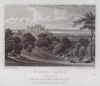 Wilton Castle, Yorkshire, het huis van Sir John Lowther (gravure) door John Preston Neale