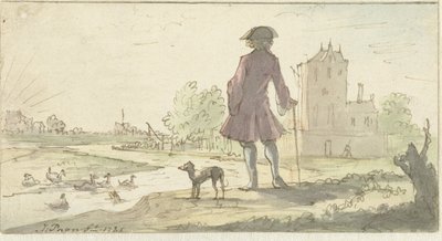Man met hond bij water door J. Paon (signed by artist)