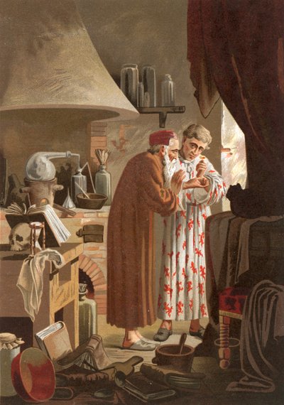 Helmont ontvangt een alchemist die hem de steen der wijzen presenteert door J. Presno