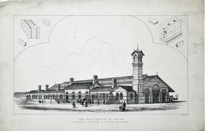 Nieuw station in Dovor. London, Chatham en Dovor Railway. 1860 door J. R. Jobbins