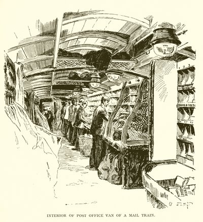 Interieur van postwagen in een posttrein door J. R. Sinclair