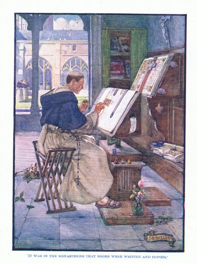Het was in de kloosters dat boeken werden geschreven en gekopieerd, uit Engelse Literatuur uitgegeven door T C & EC Jack, ca. 1920 door J. R. Skelton