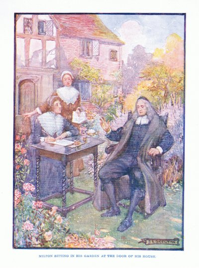 Milton zittend in zijn tuin bij de deur van zijn huis, uit Engelse Literatuur uitgegeven door T C & EC Jack, ca. 1920 door J. R. Skelton