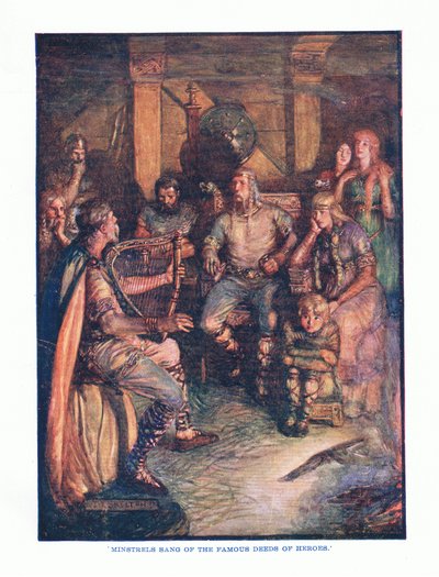 Minstrelen zongen over de beroemde daden van helden, uit Engelse literatuur uitgegeven door T C & EC Jack, ca. 1920 door J. R. Skelton