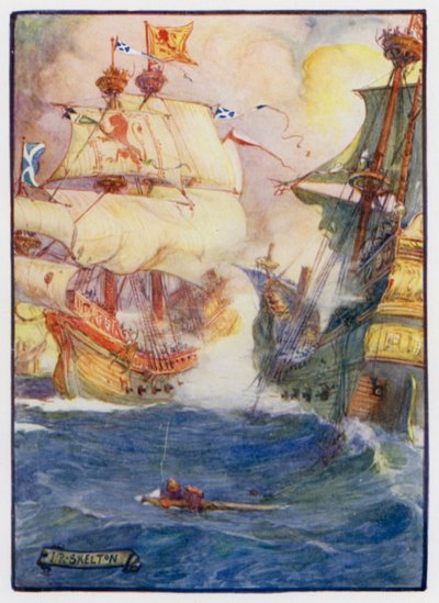 Schotse marinekapitein Sir Andrew Wood van Largo en zijn twee schepen de Yellow Carvel en de Flower, verslaan vier Engelse schepen bij Dunbar, 1489 door J. R. Skelton